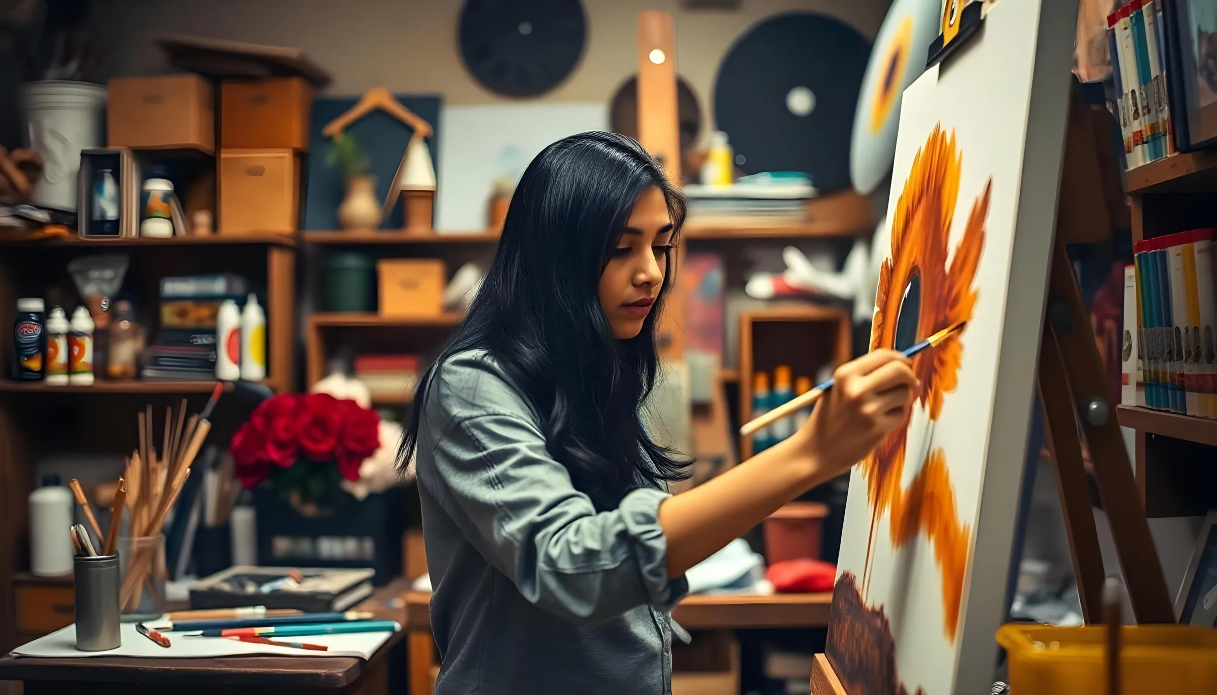 Fine arts student painting a canvas at an easel in the Raga Design Academy art studio
